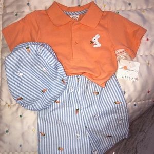ADORABLE BABY SHORTS, ONESIE AND HAT OUTFIT